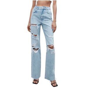 Zara Jeans‎ Women 0 Blue Light Wash Denim Ripped Distressed Wide Leg NWT